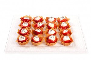 phyllo shells with goat cheese, roasted peppers and sea salt