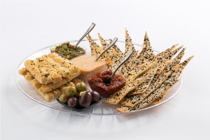 tortiya and chees sticks with 3 kinds of dips and olives