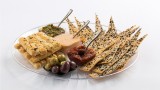 tortiya and chees sticks with 3 kinds of dips and olives